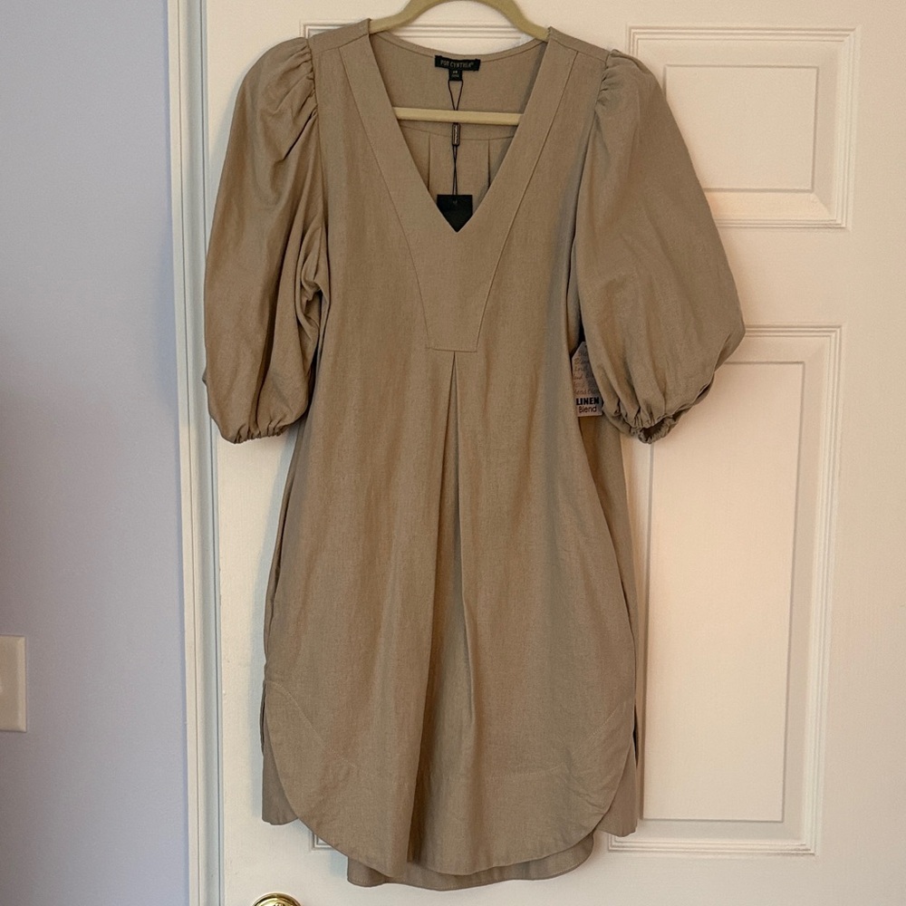 For Cynthia Taupe V-Neck Puff Sleeve Tunic